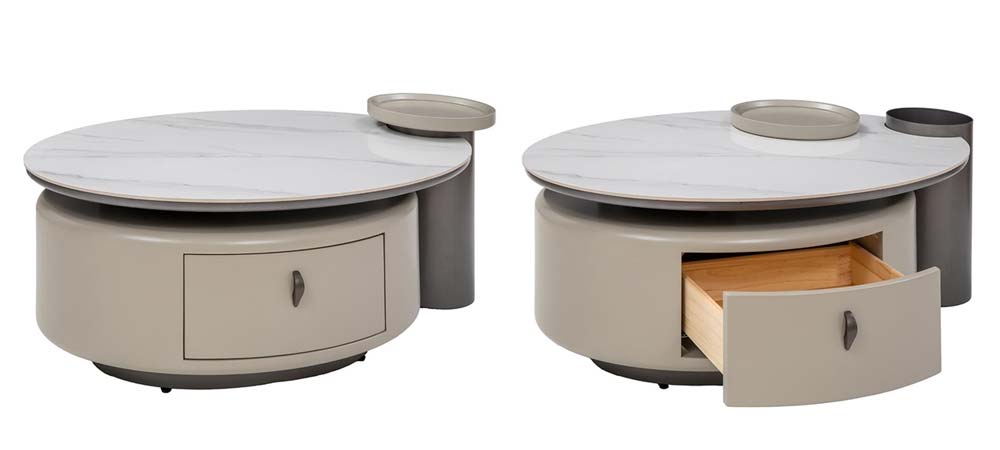 Round coffee table with a smooth beige base, marble top, built-in drawer, and unique side trays, shown with both closed and open storage options