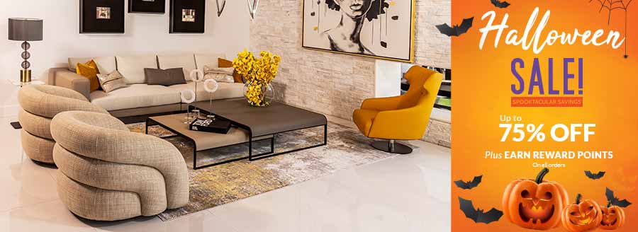 A modern living rooom with a beige fabric sofa with grey leather accents. Sale of up to seventy percent off modern furniture