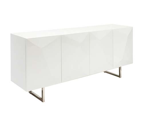 Farina modern buffet in white, featuring a geometric facade and sleek silver-tone legs, ideal for enhancing any contemporary dining area. Now available at MH2G Furniture Showrooms.