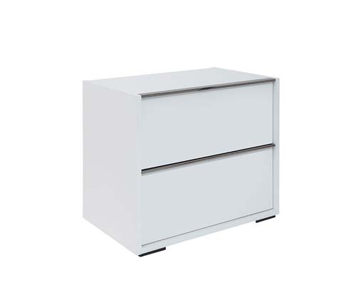  Luna Italian bedroom nightstand in white, featuring clean lines and minimalist silver handles, perfect for contemporary bedroom decor. Now available at MH2G Furniture Showrooms.