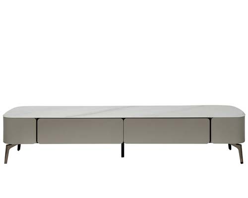 Sleek Montiano TV unit featuring an elegant marble top and streamlined grey base, ideal for sophisticated modern interiors.