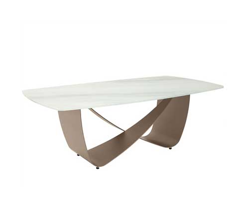 Modern Potenza coffee table featuring a white glass top and unique bronze base, perfect for contemporary living spaces. Now available at MH2G Furniture Showrooms.